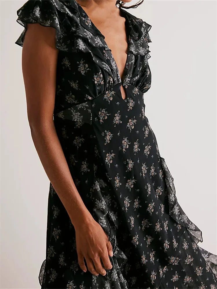 Vintage Washed Deep V-Neck Floral Midi Dress