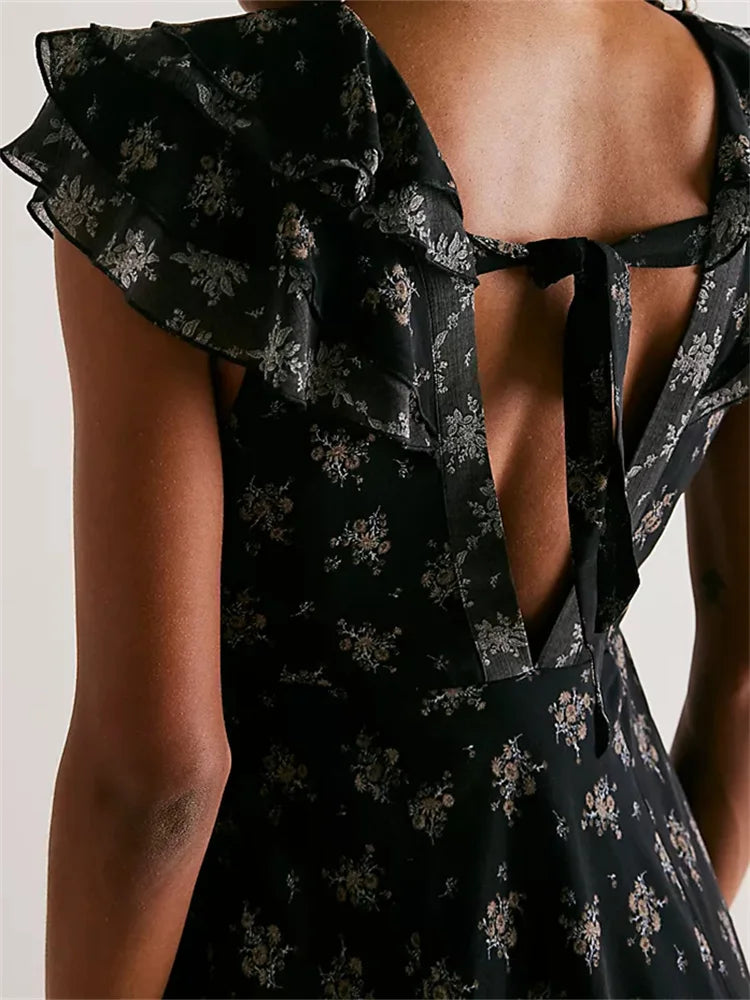 Vintage Washed Deep V-Neck Floral Midi Dress