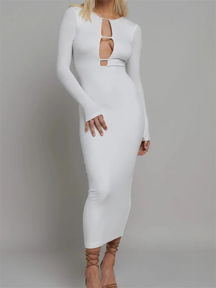 Round Neck Hollow Out Party Clubwear For Women Backless Sleeve Solid Color Slim Fit Vestidos White