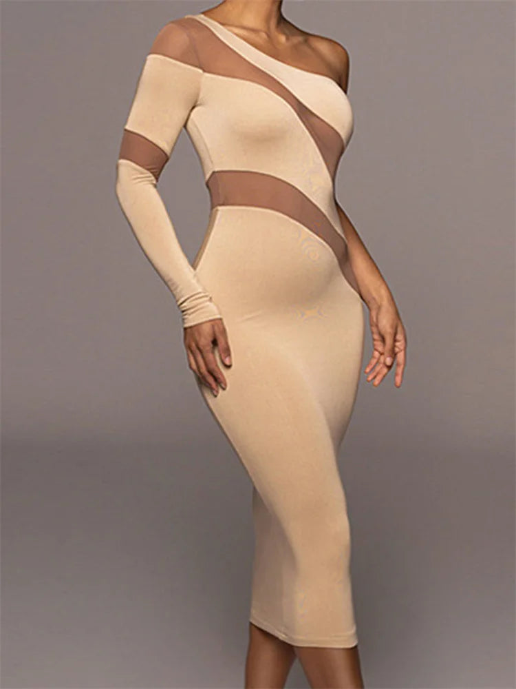 One Shoulder Long Sleeve Sheer Mesh Panel Bodycon Midi Dress