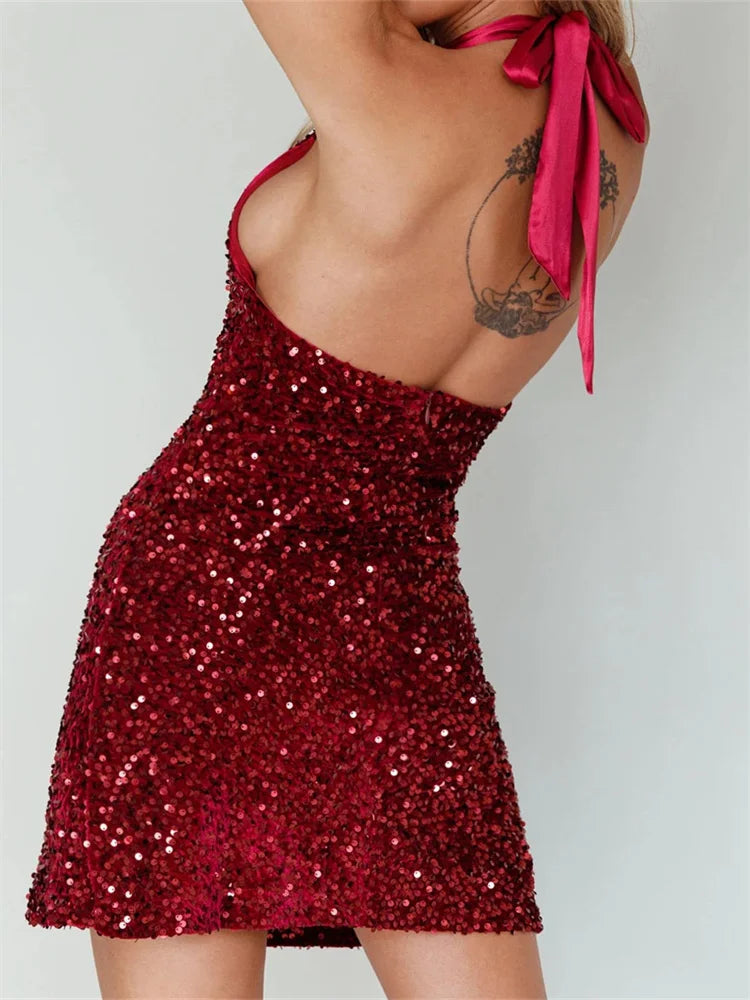 Glitter Halter Party Sequined TieUp Mini Dresses