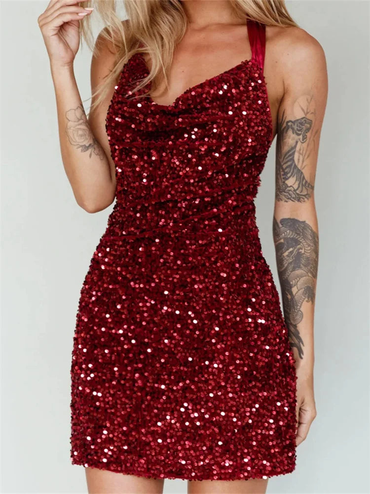 Sequin Halter Neck Ruched Bodycon Mini Dress