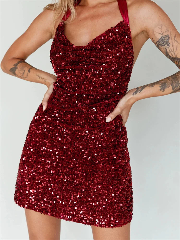 Glitter Halter Party Sequined TieUp Mini Dresses