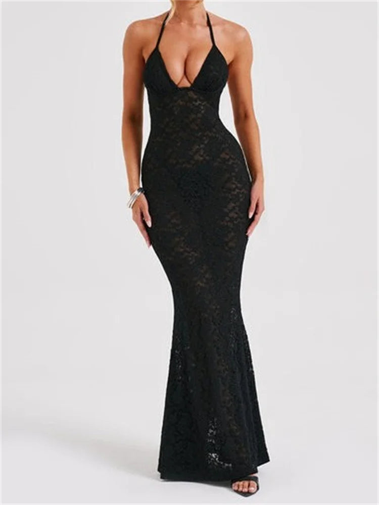 Off-the-Shoulder Halter-Neck Deep V-Neck Lace Sheer Mesh Dress