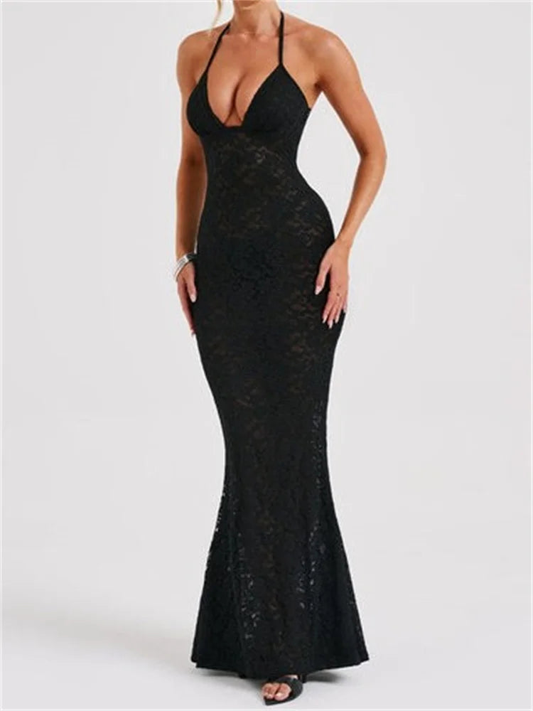 Off-the-Shoulder Halter-Neck Deep V-Neck Lace Sheer Mesh Dress
