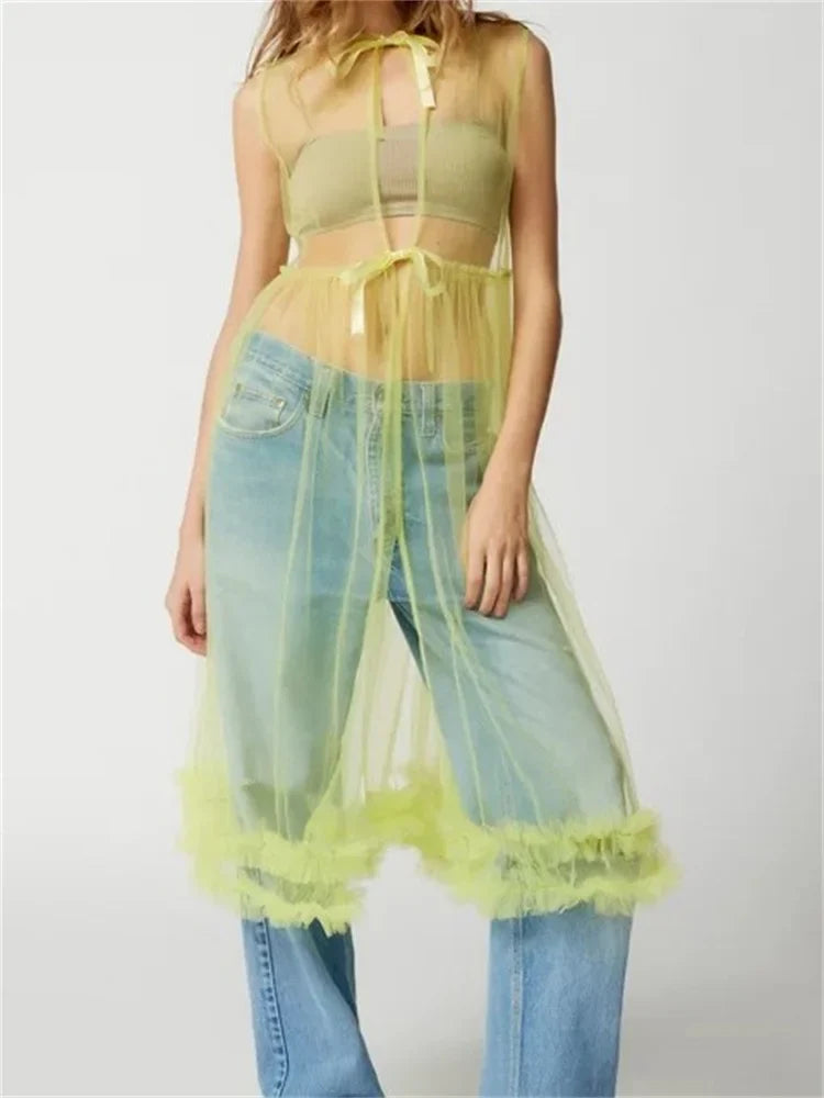 Sheer SeeThrough Solid Color Crew Neck Ruffles Sleeveless Midi Dress