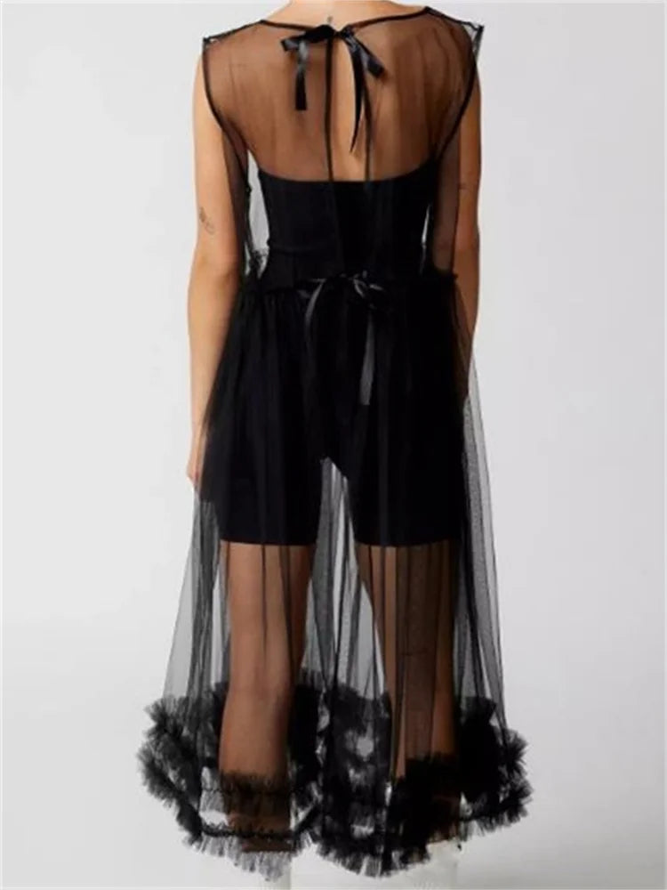 Sheer Mesh Lace Trim Cold Shoulder Bow Strap Empire Waist Midi Dress