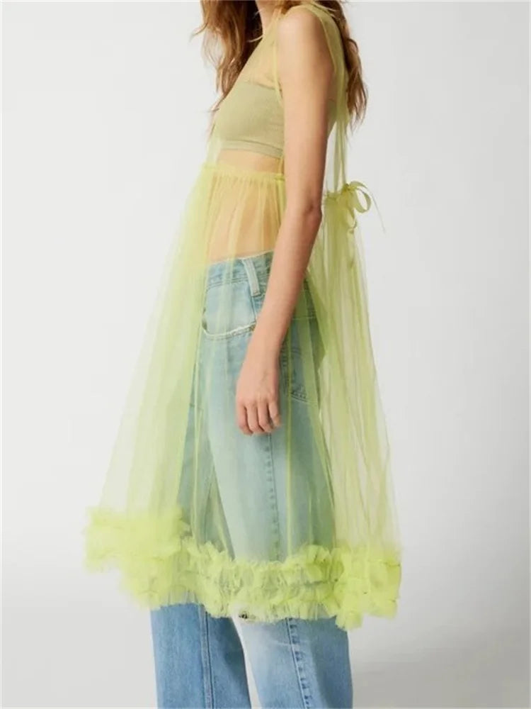 Sheer SeeThrough Solid Color Crew Neck Ruffles Sleeveless Midi Dress