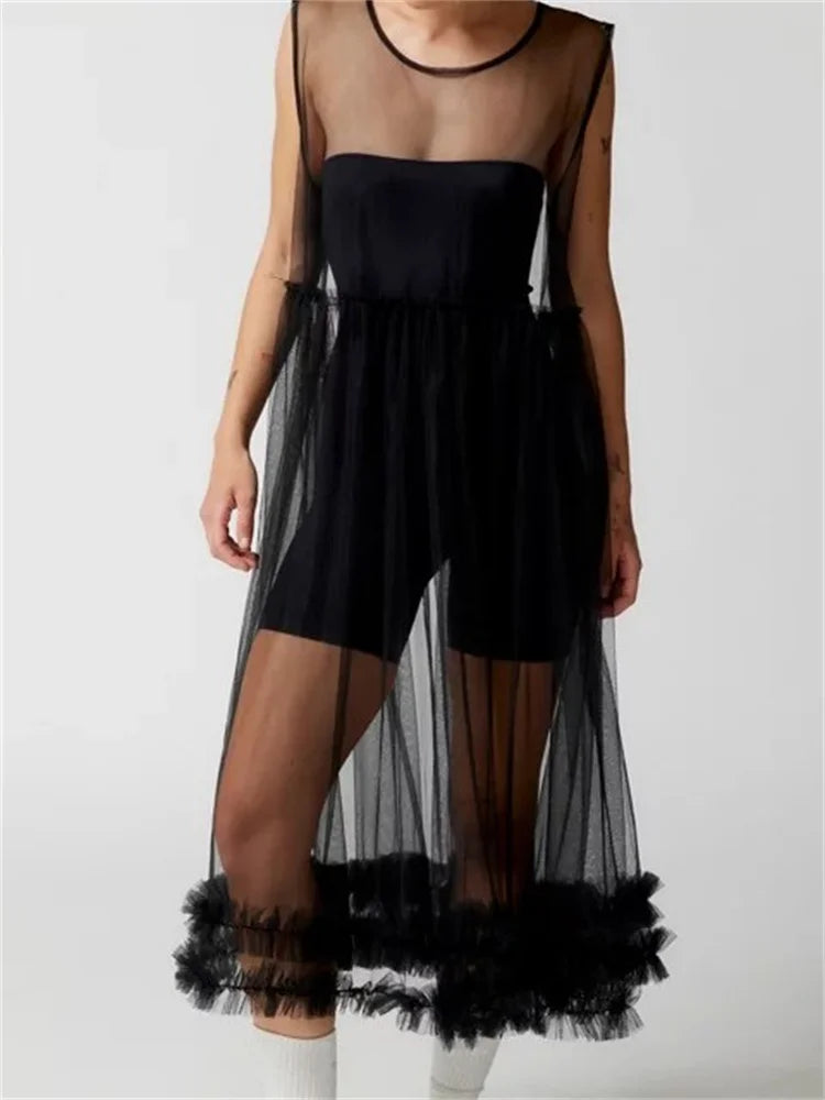 Sheer SeeThrough Solid Color Crew Neck Ruffles Sleeveless Midi Dress