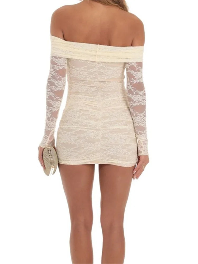 Lace Off Shoulder Long Sleeve Ruched Bodycon Mini Dress