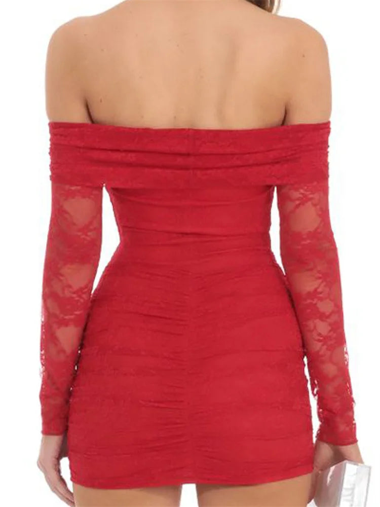 Lace Off Shoulder Long Sleeve Ruched Bodycon Mini Dress