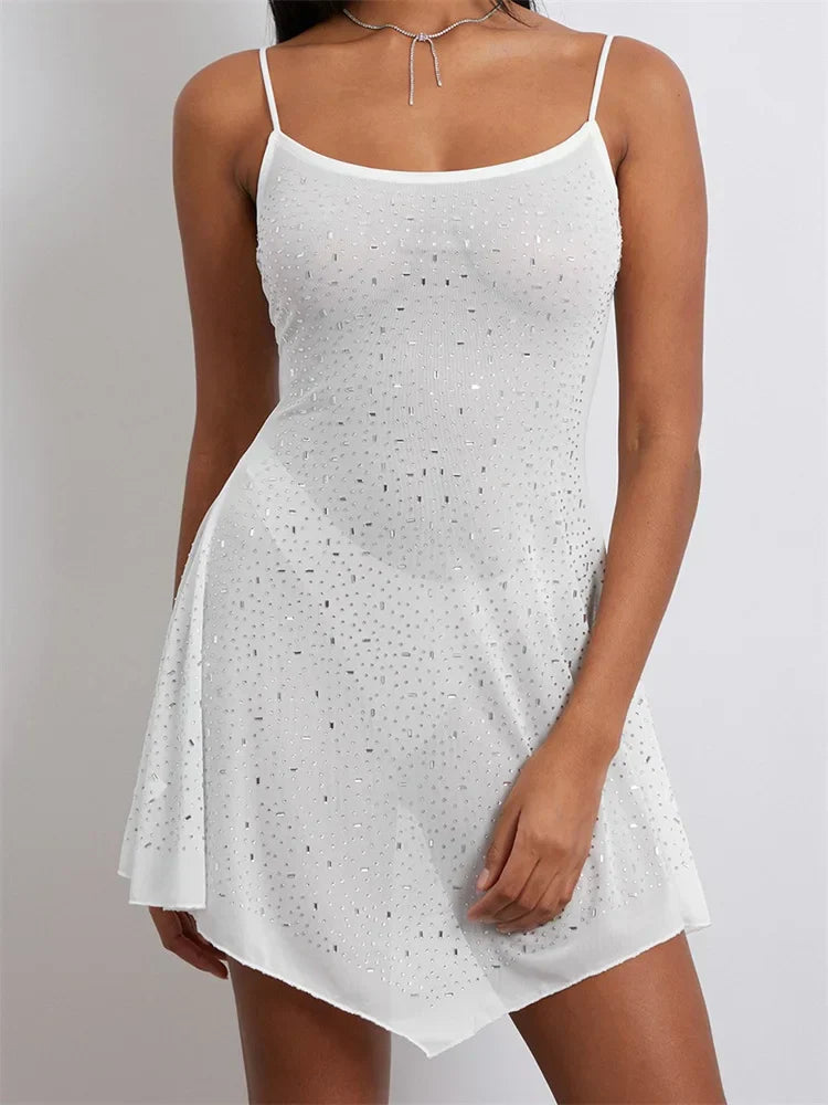 Rhinestone Mesh Spaghetti Strap Scoop Neck Irregular Hem Mini Party Dress