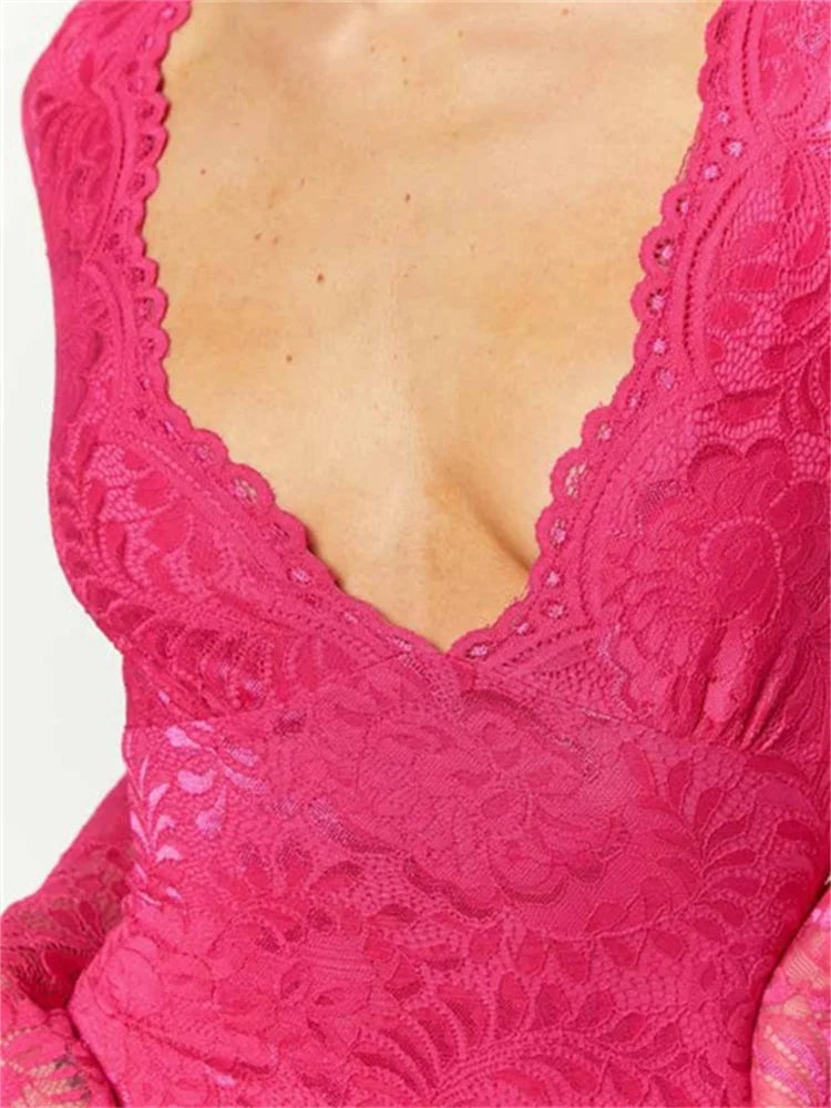 Floral Lace Deep V-Neck Long Sleeve Bodycon Mini Dress