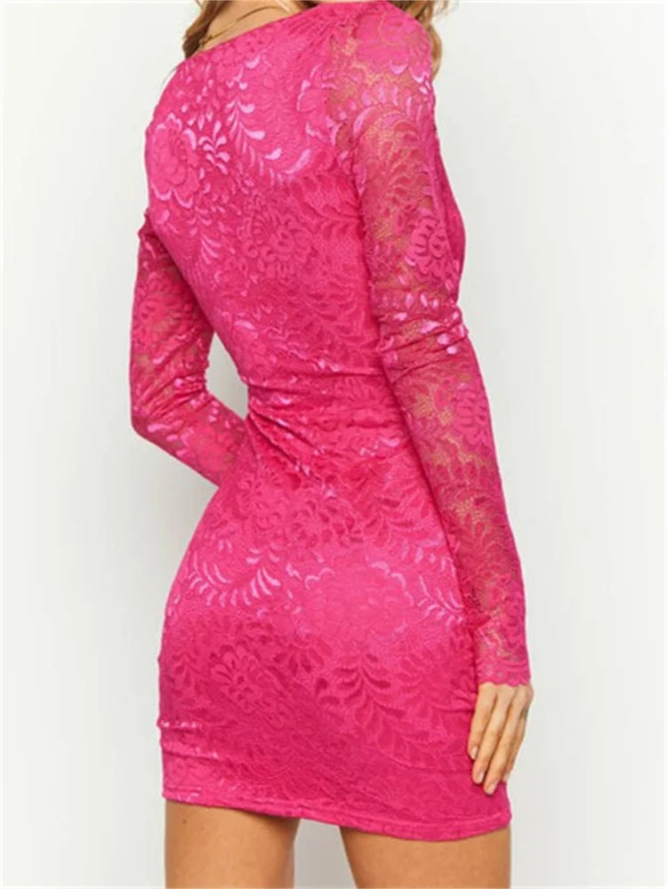 Floral Lace Deep V-Neck Long Sleeve Bodycon Mini Dress