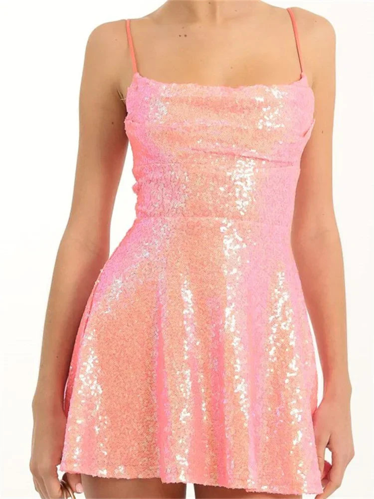 Sequin Square Neck Spaghetti Strap A-Line Mini Dress