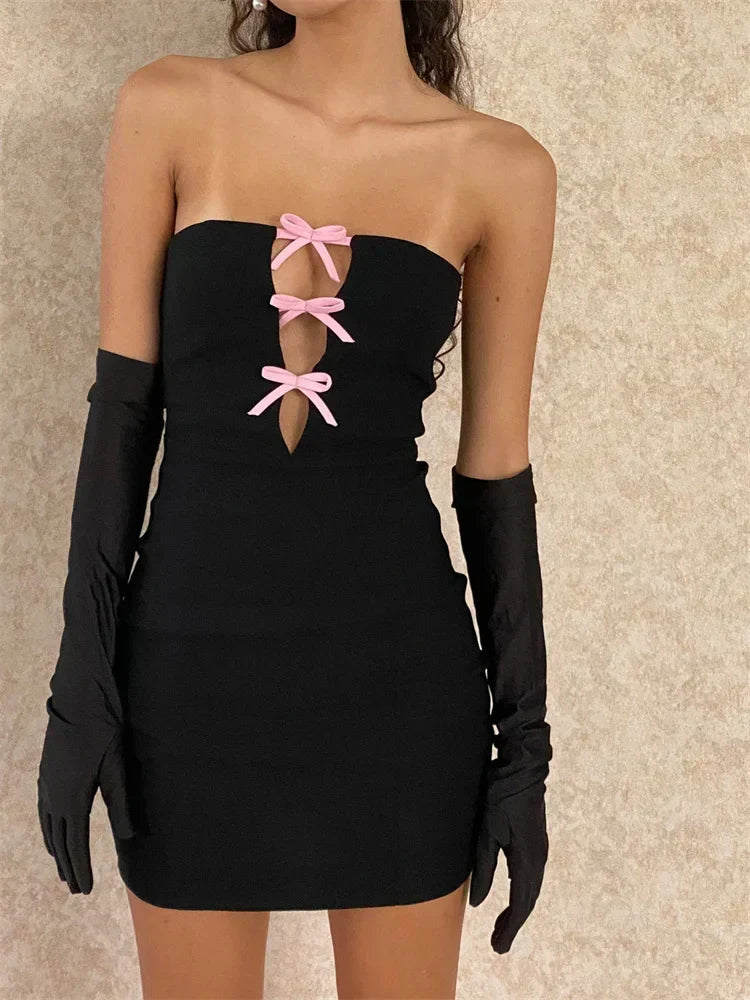 Strapless Contrast Bow Cut Out Front Bodycon Mini Dress 6
