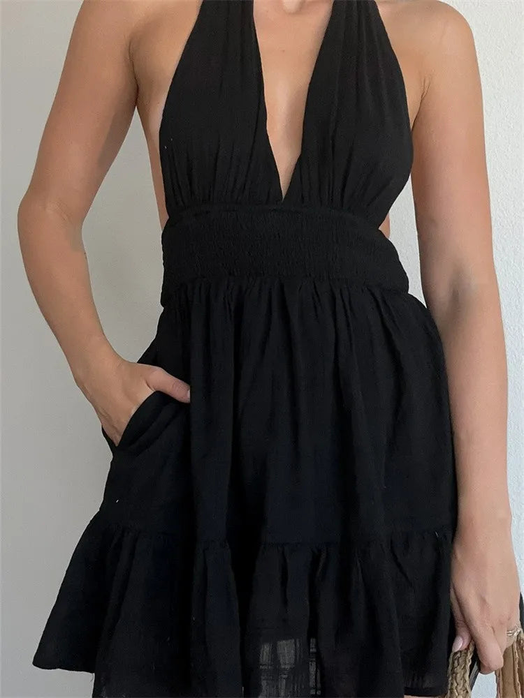 Deep Vneck Flirty LaceUp Summer Party Mini Dresses