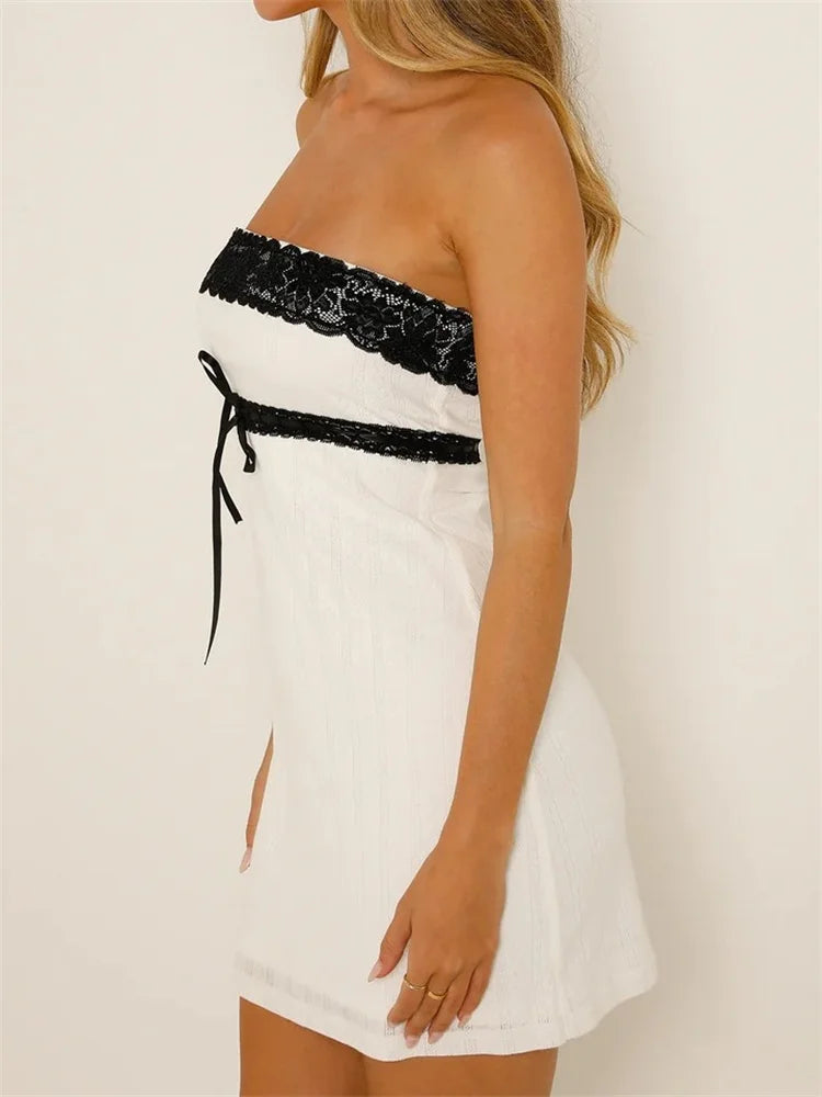 Off Shoulder Lace Trim Tube Mini Dresses 2