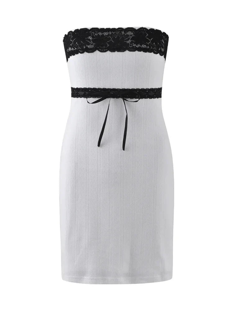 Off Shoulder Lace Trim Tube Mini Dresses 6