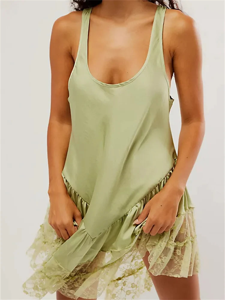 Scoop Neck Sleeveless Ruffle Lace Hem Tank Mini Dress