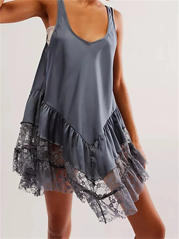 Scoop Neck Sleeveless Ruffle Lace Hem Tank Mini Dress 6
