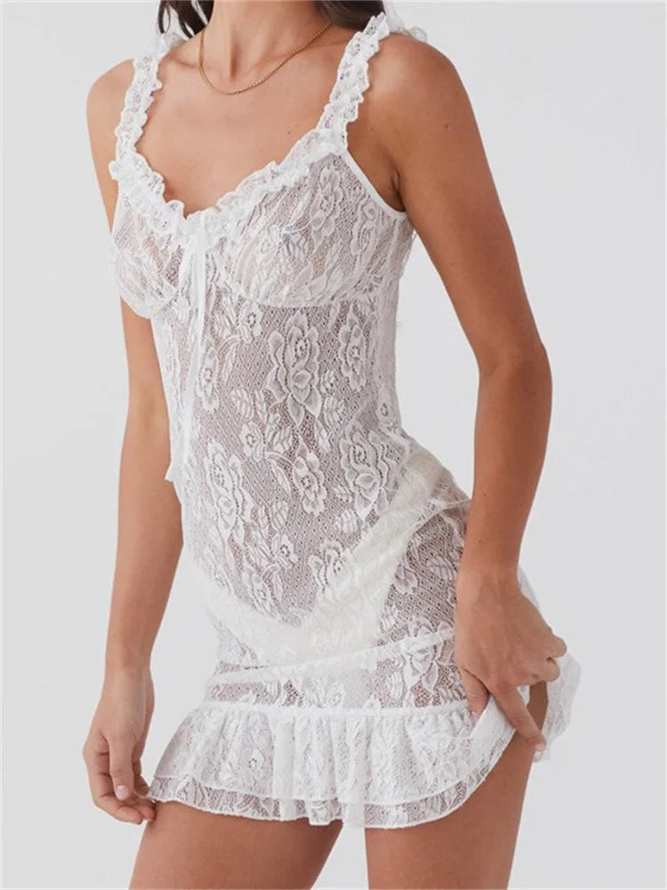 Sheer Floral Lace Ruffle Strap Tie Front Ruffle Hem Mini Dress