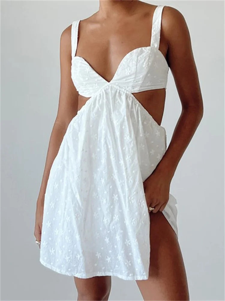 VNeck Sleeveless Backless Hollow Out Lace Mini Dresses