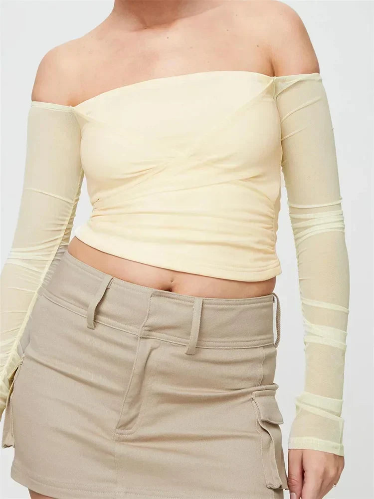 Off-the-Shoulder Sheer Mesh Crop Top