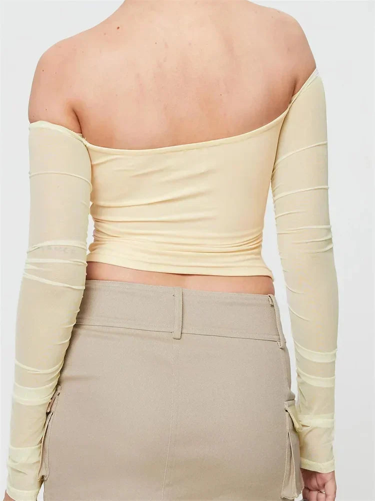 Off-the-Shoulder Sheer Mesh Crop Top