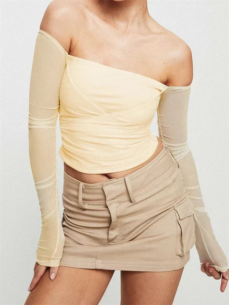 Off Shoulder Sheer Mesh Long Sleeve Wrap Front Crop Top