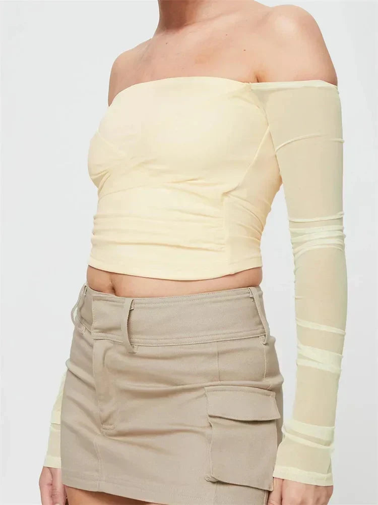 Off Shoulder Sheer Mesh Long Sleeve Wrap Front Crop Top 4