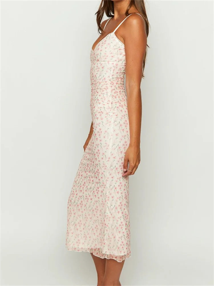 Vintage Floral Print Sleeveless Strap Summer Slim Fit VNeck Midi Dress
