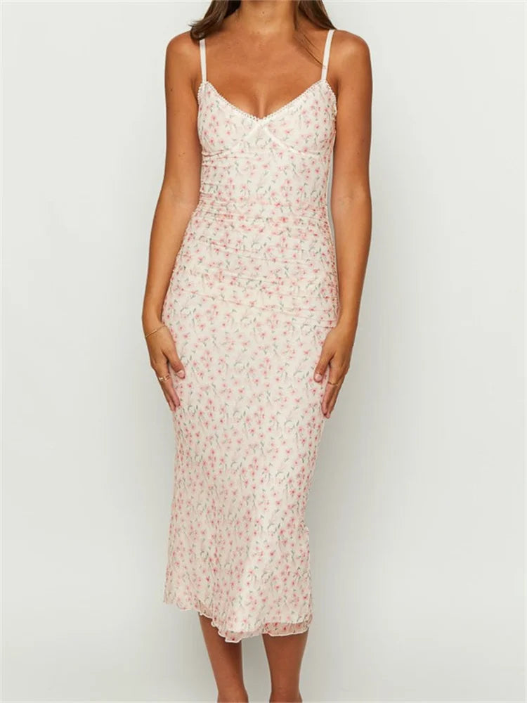 Vintage Floral Print Sleeveless Strap Summer Slim Fit VNeck Midi Dress