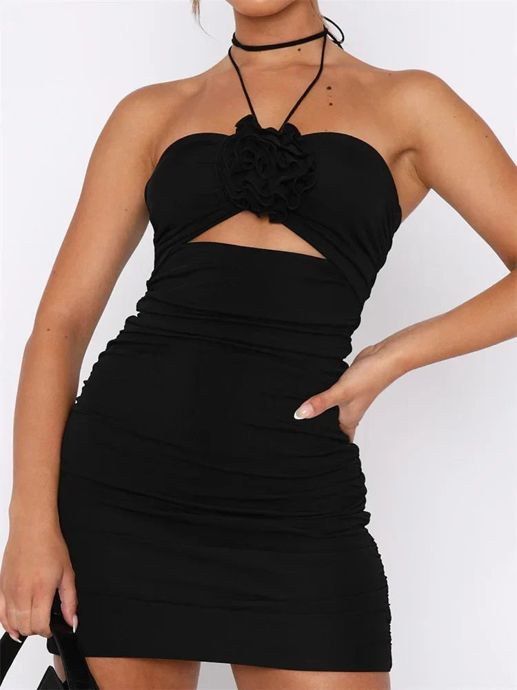 Patchwork Backless Off-the-Shoulder Halter-Neck Mini Dress