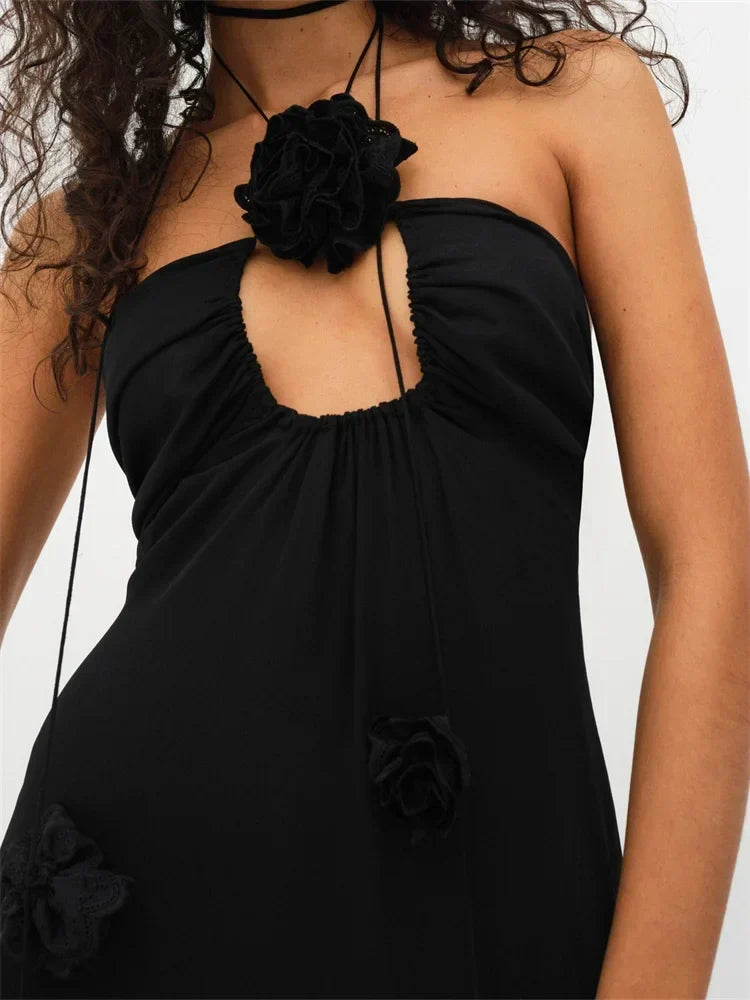 Patchwork Backless Halter-Neck Dress