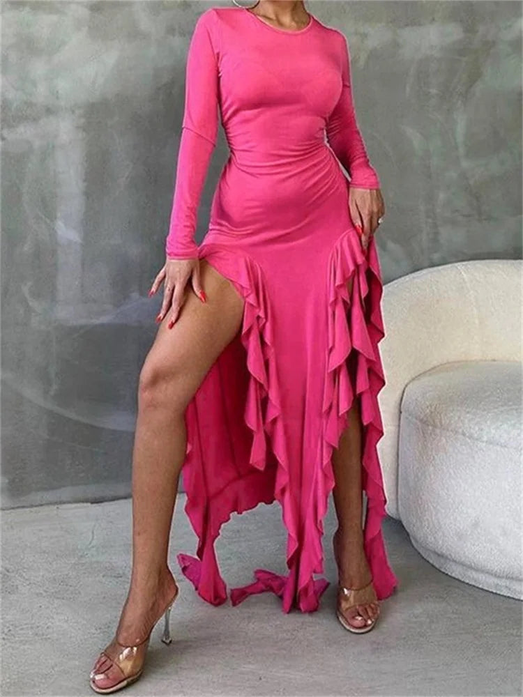 Crew Neck Long Sleeve Ruffle Trim High Split Asymmetric Maxi Dress 5
