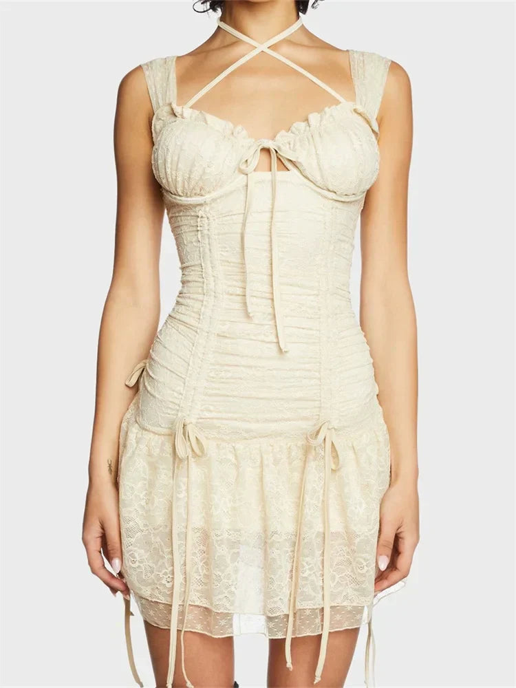 Lace Floral Ruched Sleeveless Strap Mini Dress