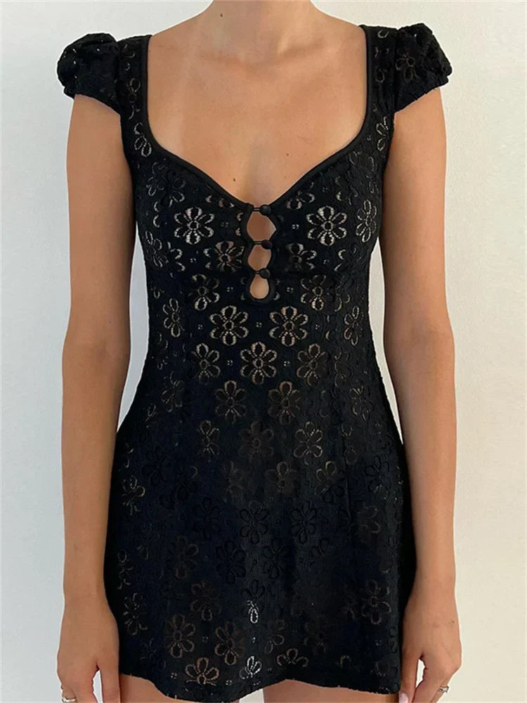 Lace Floral V-Neck A-Line Mini Dress