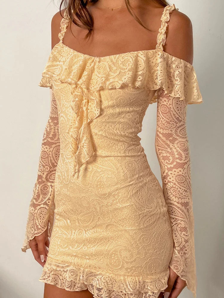 Romantic Lace OffShoulder Ruffled Mini Dresses