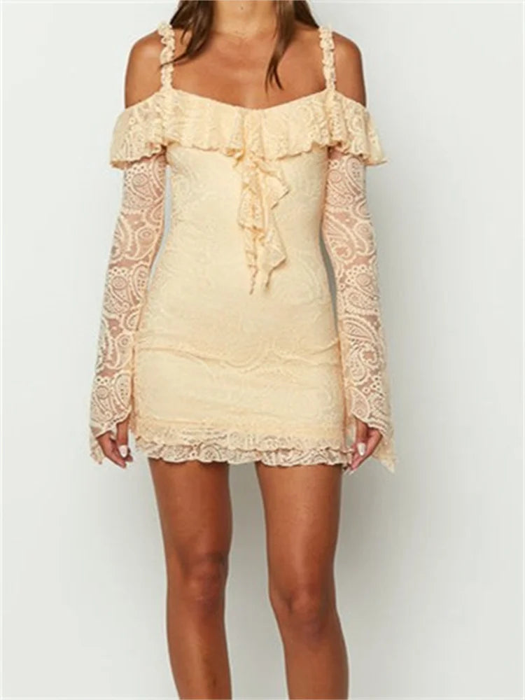 Lace Cold Shoulder Ruffle Trim Flare Long Sleeve Bodycon Mini Dress 5