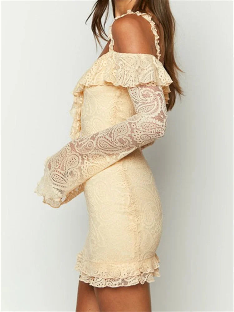 Lace Cold Shoulder Ruffle Trim Flare Long Sleeve Bodycon Mini Dress 4