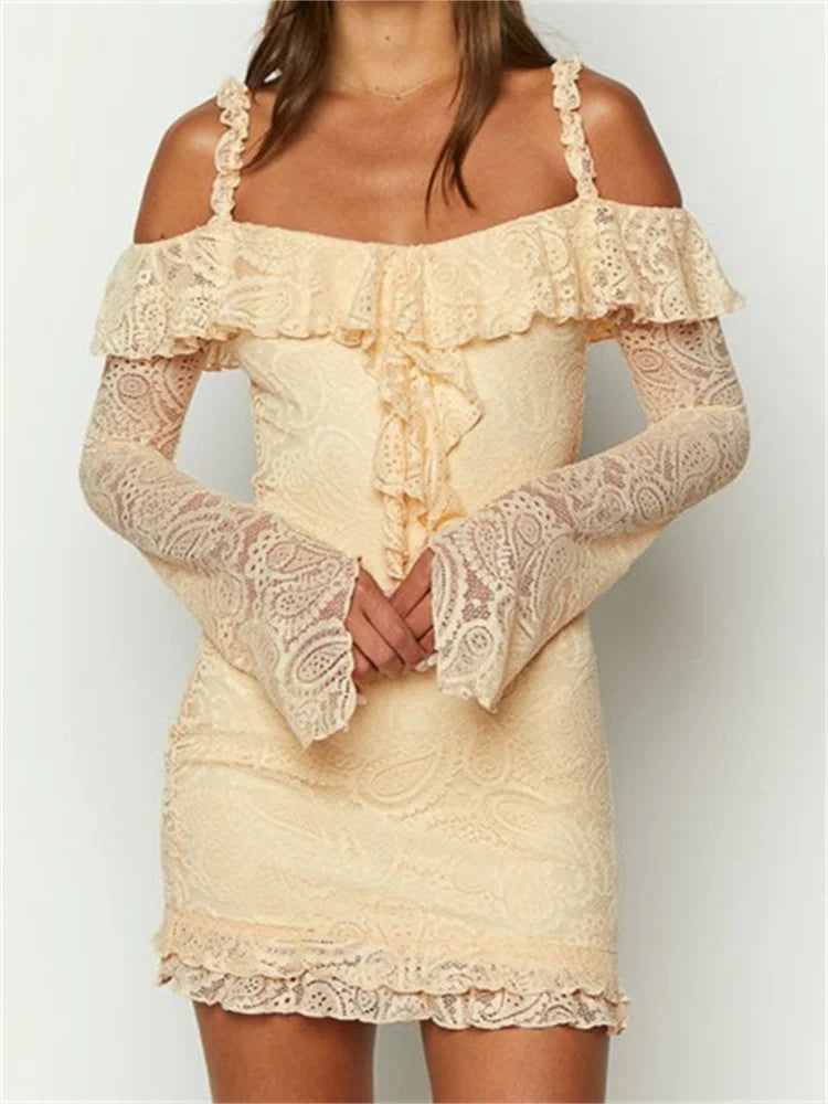 Lace Cold Shoulder Ruffle Trim Flare Long Sleeve Bodycon Mini Dress 3