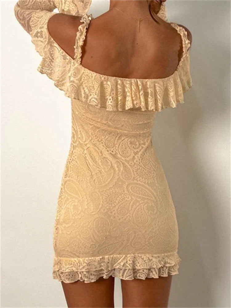 Lace Cold Shoulder Ruffle Trim Flare Long Sleeve Bodycon Mini Dress 2