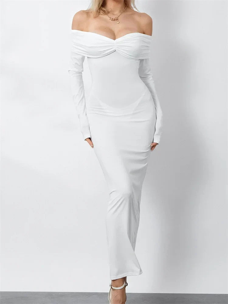 Women Ruched Slash Neck Off-Shoulder Sleeve Solid Slim Fit Bodycon Cocktail Party Vestidos White / S