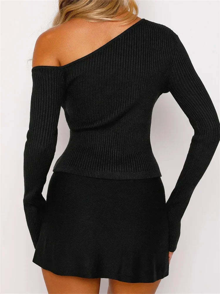 Off-the-Shoulder Ribbed Long Sleeve Top