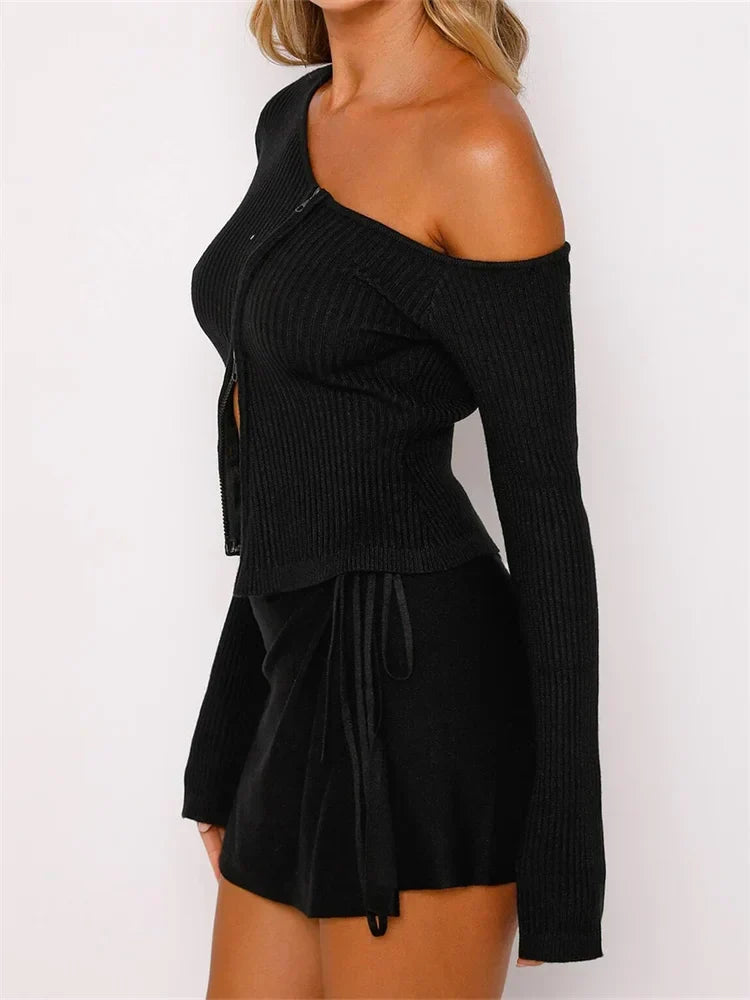 Off-the-Shoulder Ribbed Long Sleeve Top