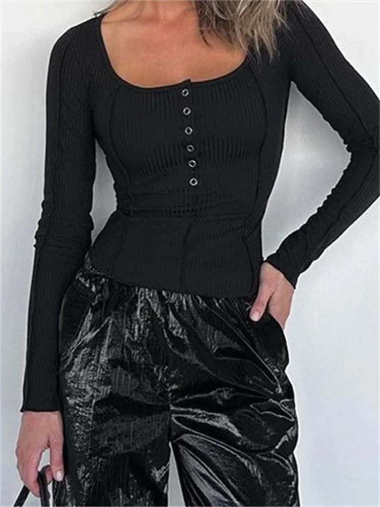 Ribbed Button-Up Long Sleeve Top