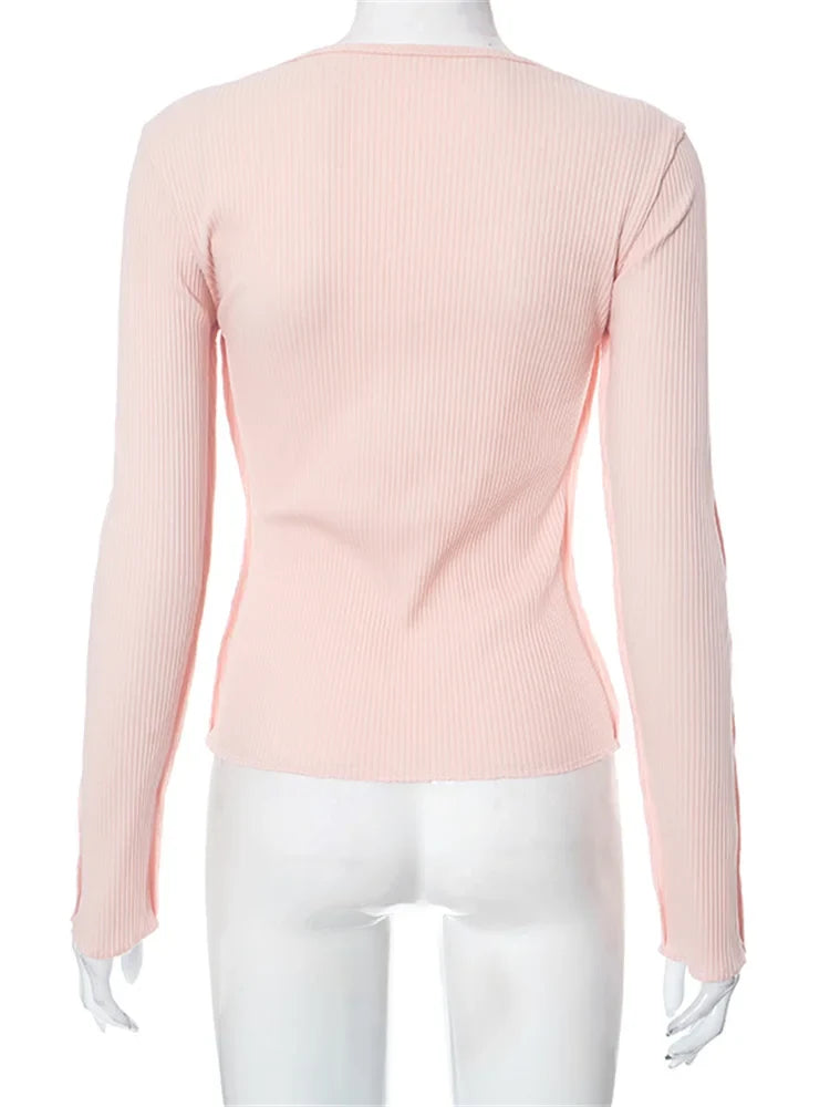 Ribbed Button-Up Long Sleeve Top
