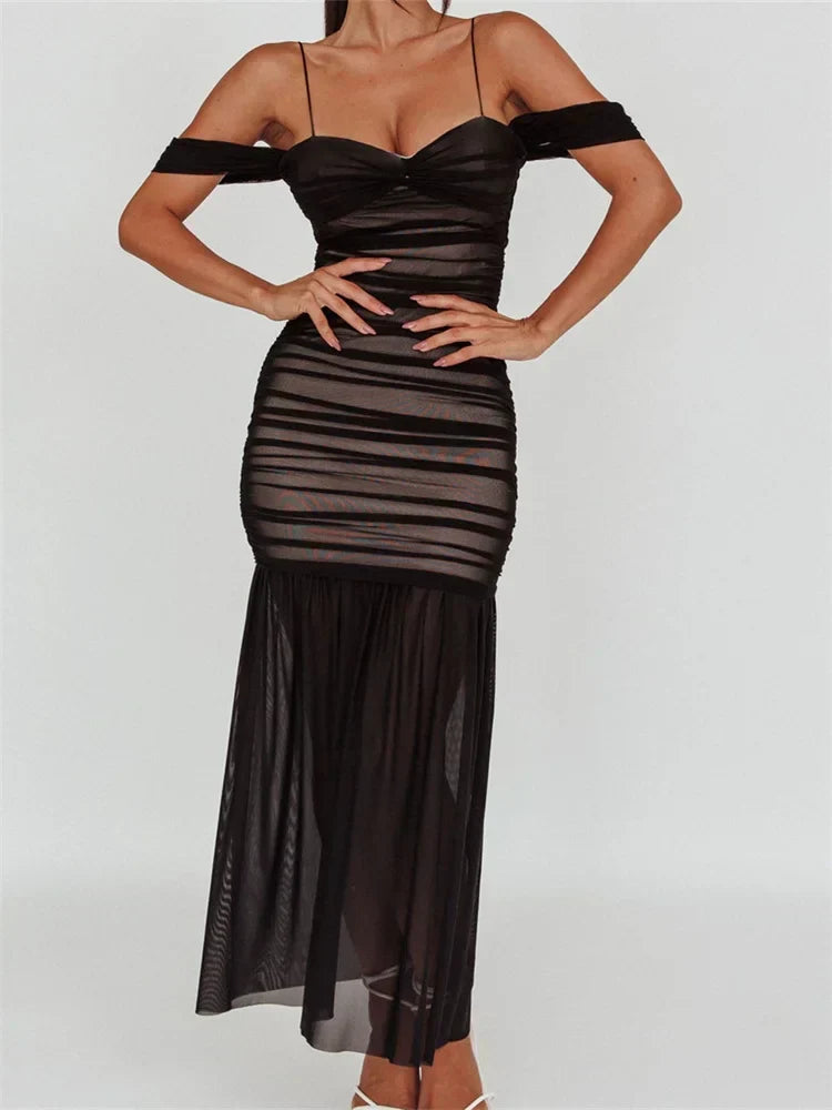 Backless Off-the-Shoulder Sheer Mesh Ruched Dress