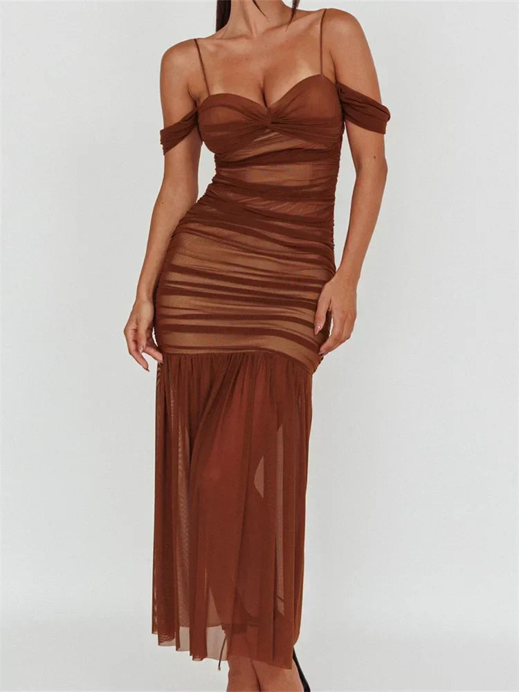 Backless Off-the-Shoulder Sheer Mesh Ruched Dress